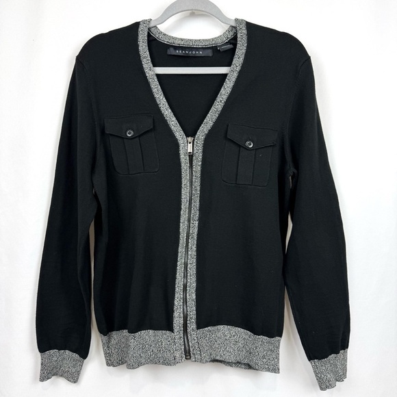 Sean John Women’s Sz L Black / Grey Full Zip Sweater V Neck Grannycore Casual LS - Picture 1 of 8